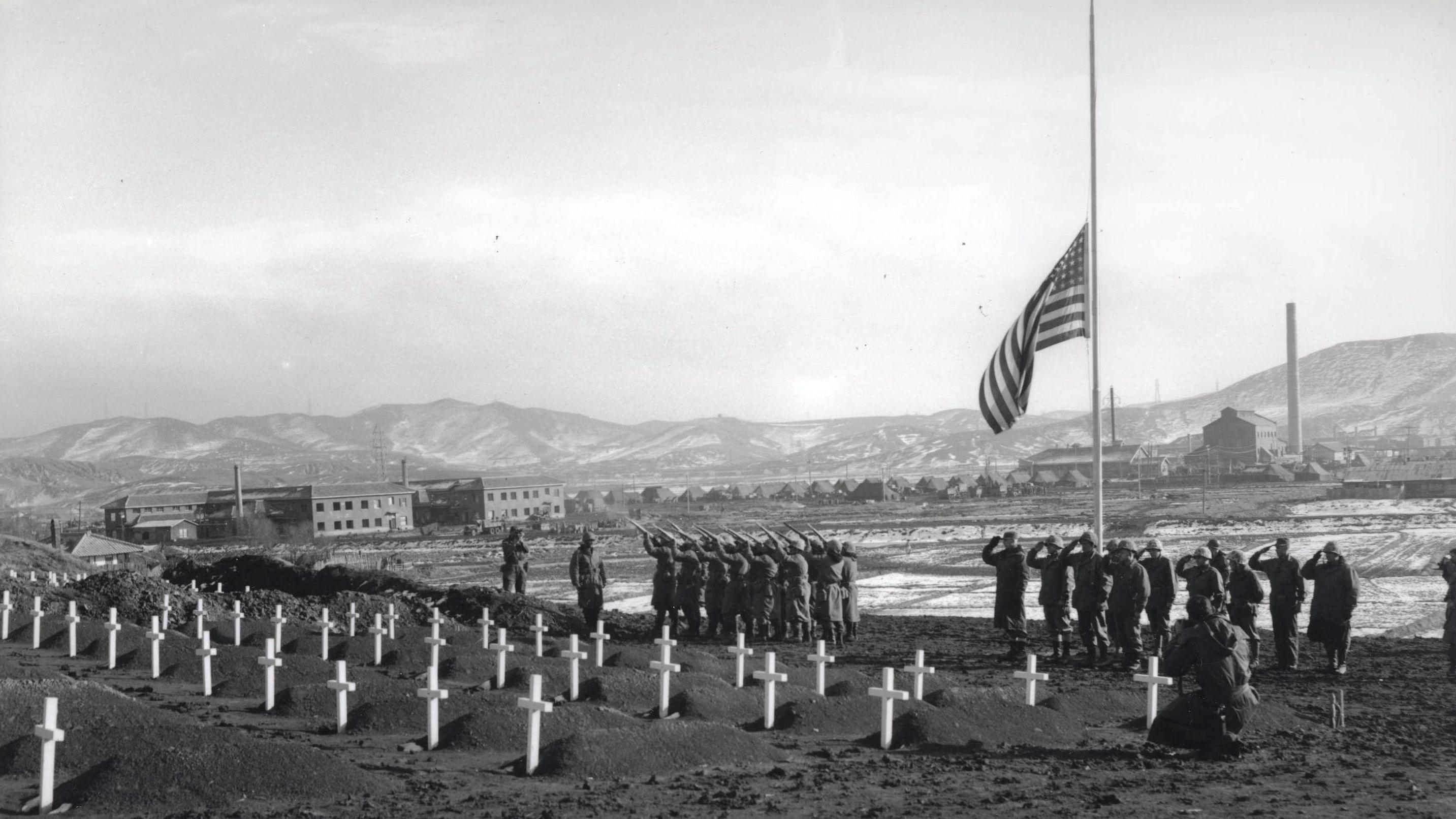 1st_Marine_Division_Cemetery,_Hamhung,_Korea,_13_December_1950_(6185260597)_(cropped) US Marine Cemetery, Hamhung, North Korea
Photo Credit: US Marine Corps Archives and Special Collections