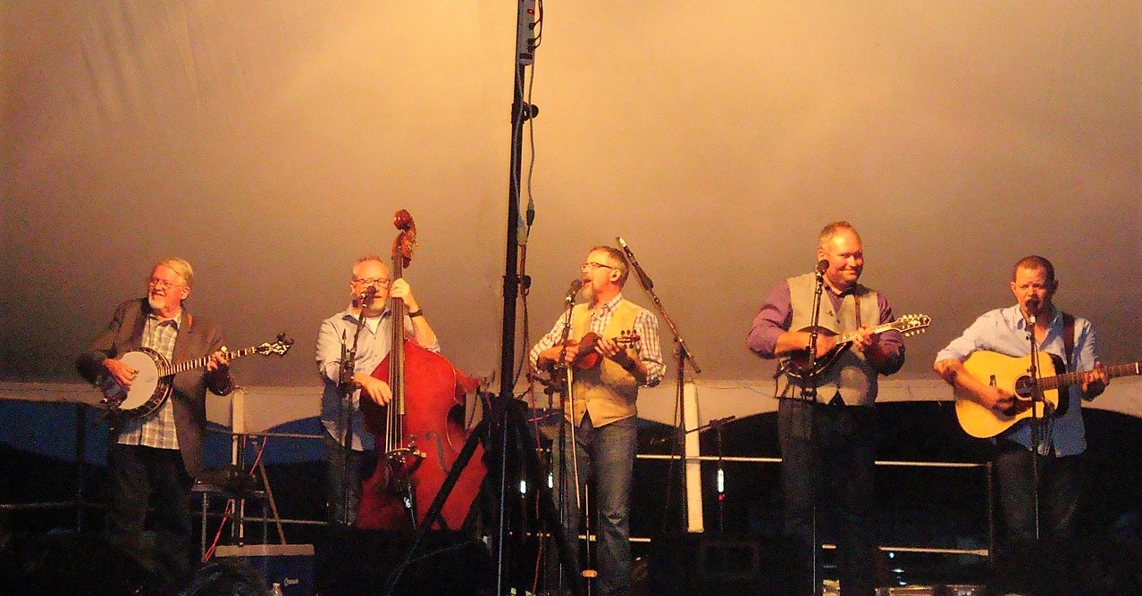 Balsam Range performers: Dr. Marc Pruett, Tim Surrett, Buddy Melton, Darren Nicholson, and Caleb Smith