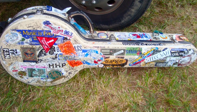 Marc Pruett's (Balsam Range) banjo case reflects years of traveling and performing