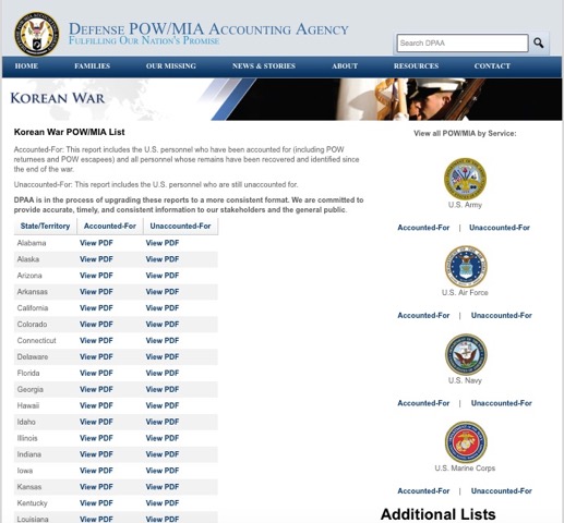 Screenshot of POW/MIA Accounting Agency website