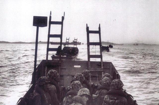 Marines preparing to hit the seawall at Inchon, September 15, 1950. Lt. Lee was in the first wave to come ashore at Blue Beach.