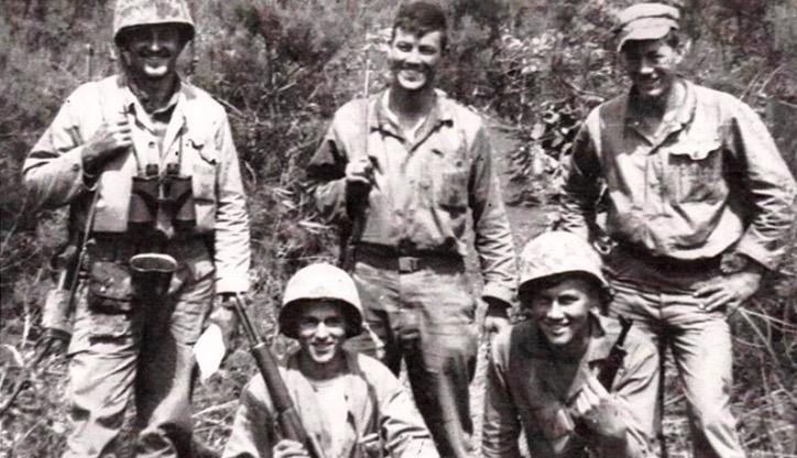 2nd Lieutenant Pete McCloskey (back row center) with 1st Platoon, C Company, 1st Bn, 5th Marines Command Group. Front row: Platoon Guide E.J. Clark (left) and Runner Bob Boyle. Back row: Machine Gun Section Leader Phil Elson (left), McCloskey, and (right) Platoon Sergeant Del Klein. May, 1951.