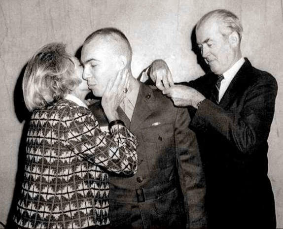 Stewart and his wife, Gloria, congrtulate their son, Ronald McLean, on becoming a 2nd Lieutenant in the US Marine Corps. He would be killed in Vietnam a year later. (PC: findagrave)