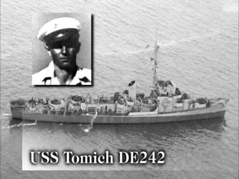 The US Navy ship named in honor of Chief Tomich, a young Peter Tomich is pictured
