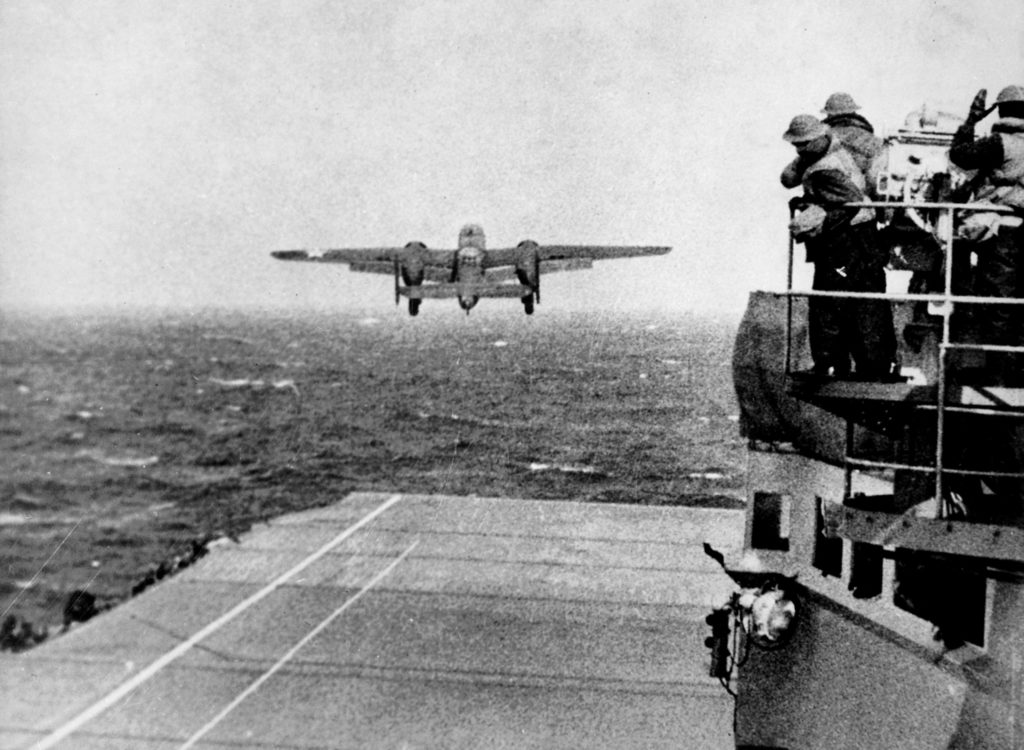 B-25 takes off from the USS Hornet for Tokyo, April 18, 1942.