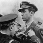 Lt. Gen. Valin, Chief of Staff, French Air Force, awards the Croix De Guerre with Palm to Col. Jimmy Stewart for exceptional services in the liberation. (U.S. Air Force photo)