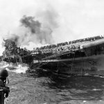 The USS Franklin on March 19, 1945. More than 800 sailors were killed in the Japanese attack. (PC: US Navy)